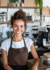 Woman with a brown apron and a smile on her face