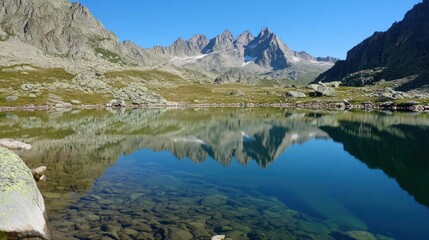 Mountain peaks reflect in a serene lake with clear waters