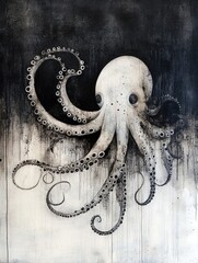 Black and white painting of an octopus with a black background