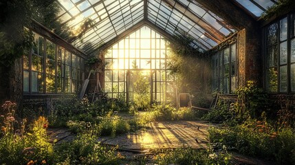 An abandoned greenhouse overtaken by nature, soft sunlight filtering through the glass. pic