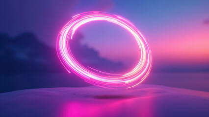 A futuristic ring of light on a reflective surface with a vibrant pink gradient background.