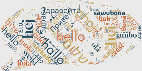word cloud features "hello" in multiple languages, showcasing global greetings. Ideal for projects related to diversity, language, communication, travel, and international connections. © gedas