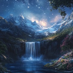 Fototapeta premium Enchanting stargaze: serene waterfall beneath majestic mountain peaks by night