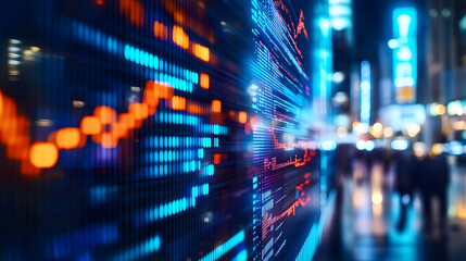 Dynamic stock market chart data displayed on a digital screen illuminated by city lights in the background 