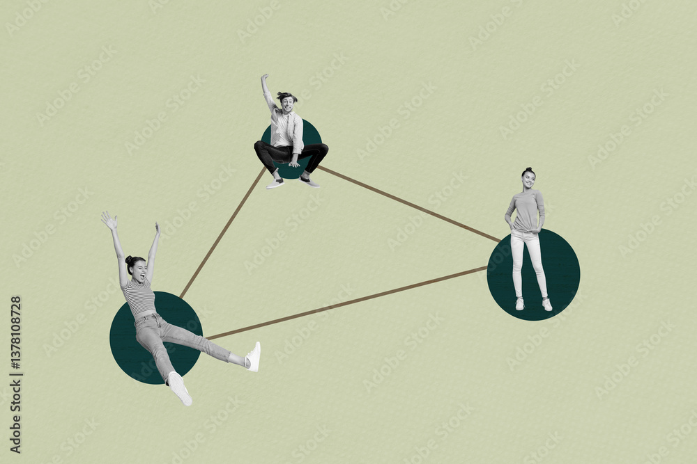 Poster 3d sketch poster trend collage image of three happy business partners stand structure development concept hierarchy progress