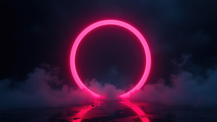 Futuristic ring with pink light surrounded by fog on surface of water.
