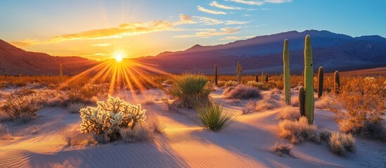 Desert sunset, cacti, sand dunes, mountains. Travel poster