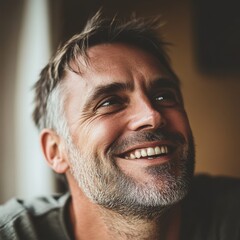 Obraz premium Close-up portrait of a happy middle-aged man smiling and looking up with visible laugh lines and stubble