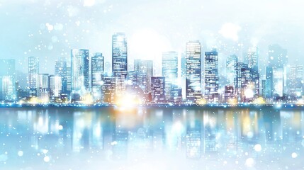 Fototapeta premium Minimalistic vector illustration of a modern city skyline featuring glass and steel buildings set against a white background with blue tones, where the sky is filled with clouds.