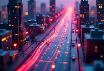 Stylized miniature city with red markers, digital grid lines advanced urban mapping, geofencing tech. Futuristic cityscape concept communication network, data transmission, smart city infrastructure,