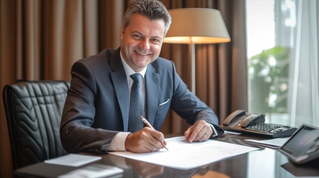 Confident businessman signing a document at office desk
