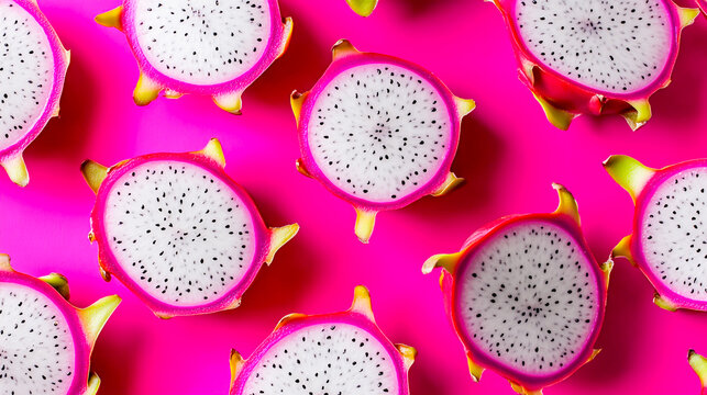 Vibrant dragon fruit halves on bold pink backgrounds highlight their exotic tropical appeal, showcasing their unique texture