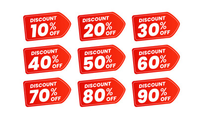 Discounts numbers of percent sign in red and white colors isolated on white background, from 10% to 90% discounts.