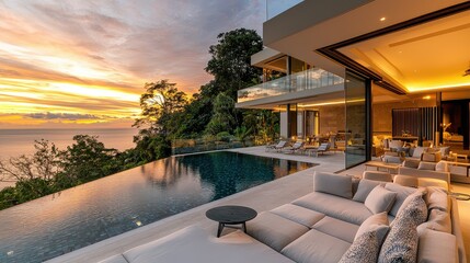 Obraz premium A sophisticated villa with a glass-walled living area and an infinity pool that connects the indoors with the stunning ocean sunset view.