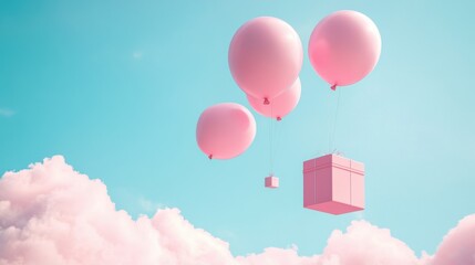 A Box flying on a parachute with pink cloud in valentine day,package flying down from sky and cloud with parachute, concept for delivery service,shopping online,air delivery service.