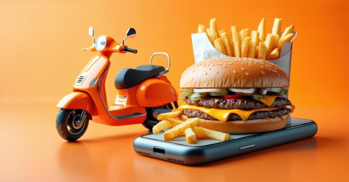 Glossy orange and gray fast food delivery app icon with burger fries and delivery scooter flat three dimensional glossy style round square shape modern app icon featuring cle