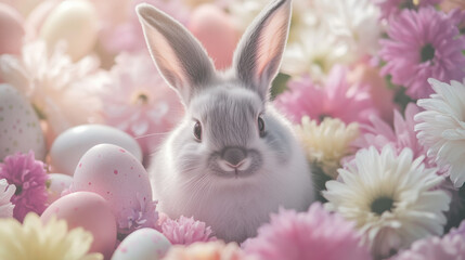 Fototapeta premium Cute Easter bunny surrounded by colorful flowers and pastel eggs, creating joyful and vibrant spring atmosphere. This delightful scene captures essence of Easter celebrations