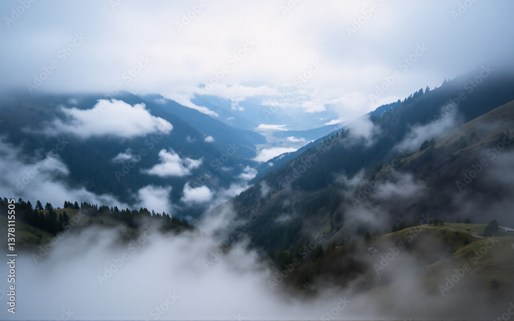 Poster misty mountain valley with fog rolling through the peaks and trees. scenic landscape with a cloudy a