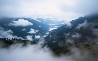 Misty mountain valley with fog rolling through the peaks and trees. Scenic landscape with a cloudy atmosphere.