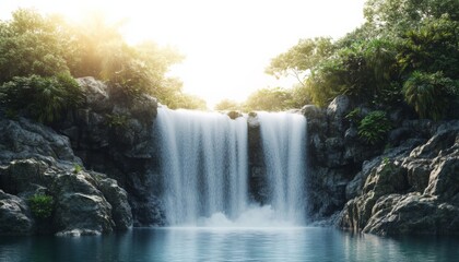 Obraz premium Serene waterfall amidst lush greenery under sunlit sky in nature