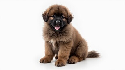 A fluffy Newfoundland puppy sitting proudly against a white background