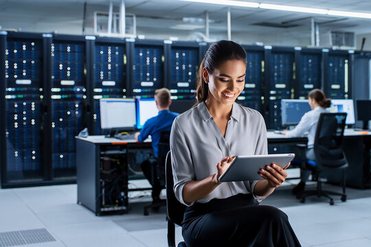 A professional woman holds a tablet in a modern server room, with colleagues working at desks. Server racks with blinking lights create a high-tech atmosphere.