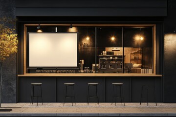 Cafe storefront window mockup for modern restaurant billboard design. AI generated illustration.