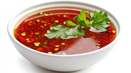A bowl of fresh chili sauce with a garnish of green parsley, isolated on a white background.