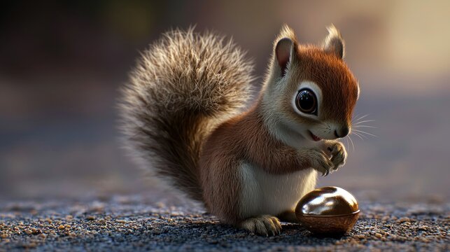 A cute squirrel curiously examines a shiny golden egg on a textured surface in a serene setting