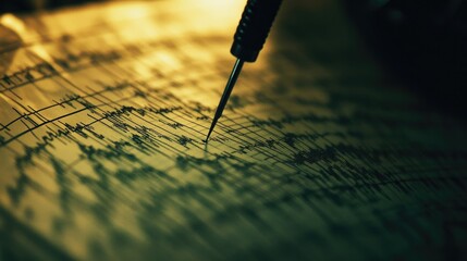 A close-up of a seismograph needle rapidly moving as it records earthquake tremors on a paper chart