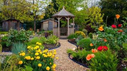 Idyllic garden scene with vibrant flowers lining a winding gravel path leading to a charming wooden gazebo amidst lush greenery.