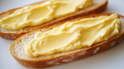 A close-up of aioli sauce being spread on a baguette slice, set against a white backdrop