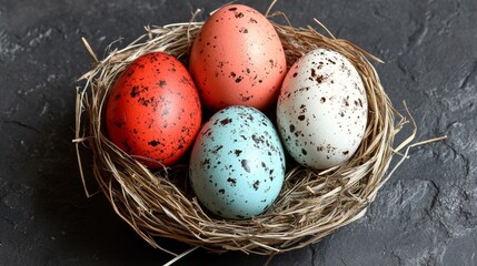 Obraz premium Colorful painted eggs nest in a beautiful decorative bird nest