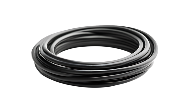 Black electric cables with copper ends on white or transparent background.