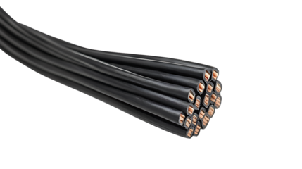 Black electric cables with copper ends on white or transparent background.