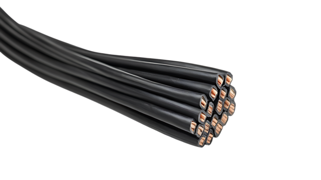 Black electric cables with copper ends on white or transparent background.