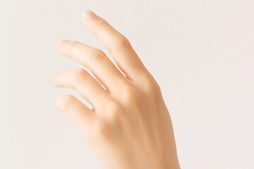 指先に光を受けた日本人女性の手の甲の美しい質感