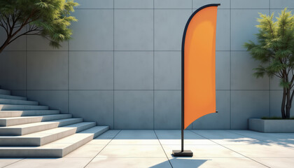 Flag banner mockup. Orange feather flag banner mockup on black stand with blank background and outdoor stairs framed by greenery in sunny urban setting.