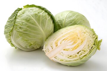Fresh green cabbages one cut open showing vibrant interior healthy and crisp vegetable against white