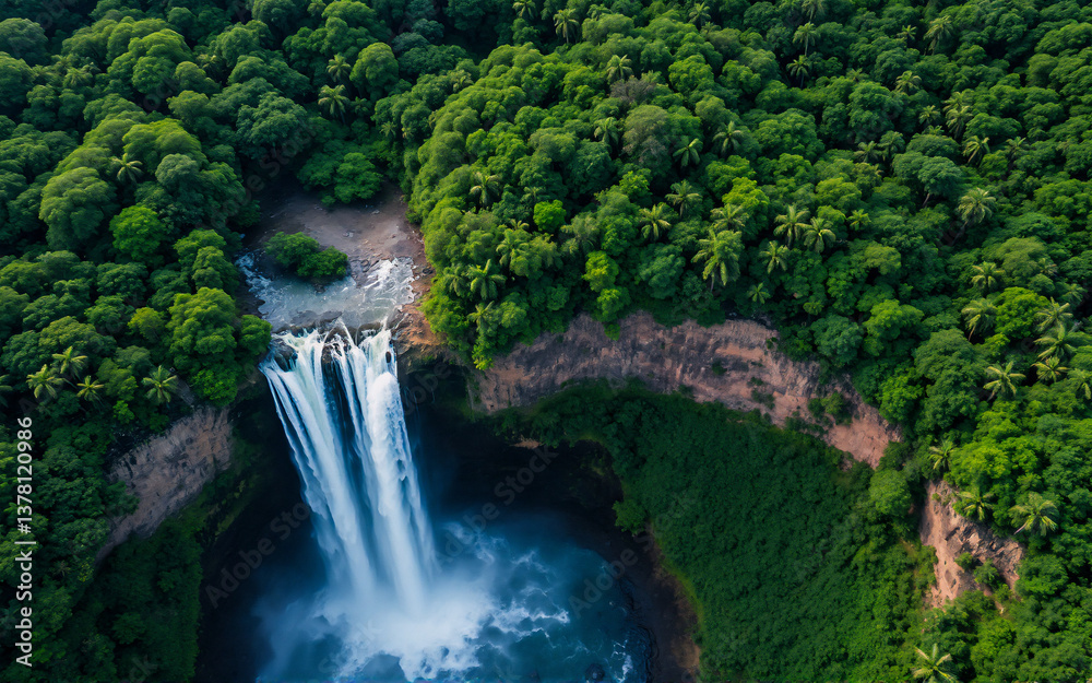 Poster an aerial perspective captures a stunning waterfall cascading powerfully into a pool below, embraced