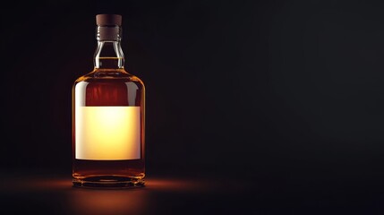 Whiskey bottle with empty label on dark background and moody lighting setup