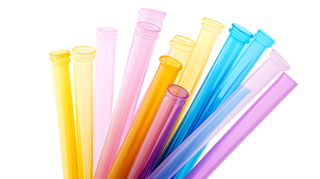 Colorful translucent plastic drinking straws white or transparent background.
