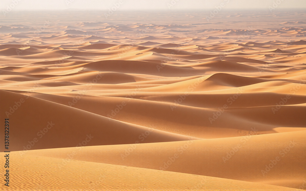 Poster expansive desert scenery featuring undulating sand dunes reaching towards the distant horizon, bathe