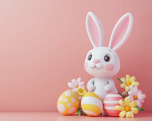 Fototapeta premium Pastel Easter Background with Cute Bunny & Eggs - Minimalist Cartoon Design with Copy Space for Text (High Resolution, Social Media Ready)
