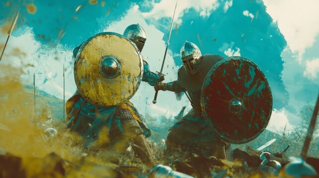 Intense medieval knights battle scene in full armor during a fierce skirmish.