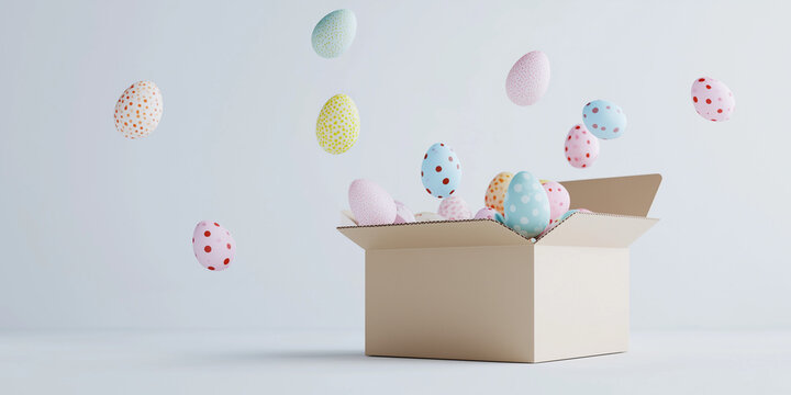 Easter Eggs Exploding from Cardboard Box - Dynamic E-commerce Banner with Flying Colorful Eggs on Light Background (AI Generated)
