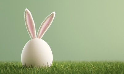 Bunny-Eared 3D Easter Egg on Grass - Pastel Green Background with  Copy Space (Minimalist Holiday Design, Stock Photo Ready)