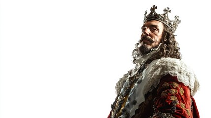 Fototapeta premium Portrait of a regal medieval king in ornate crown and robe on white background.