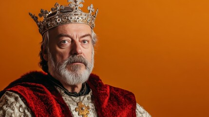 Obraz premium Portrait of noble king in royal robe and crown against orange background.