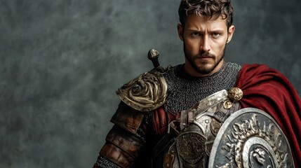 Obraz premium Medieval warrior in armor with red cloak holding ornate shield and sword.